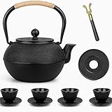 SLNXA 40oz/1.2L Tetera Japonesa de Hierro Fundido con 4 Taza, Juego De Té JaponéS Con Calentador, Salvamanteles, DiseñO...
