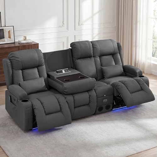 Image of URRED Power Loveseat Recliner Sofa with Massage and Heat, Wall Hugger Reclining Loveseat with Console, RV Couch Home Theater Seating with LED Lights for Living Room (Gray, 89.8 inch - 3 Seats)