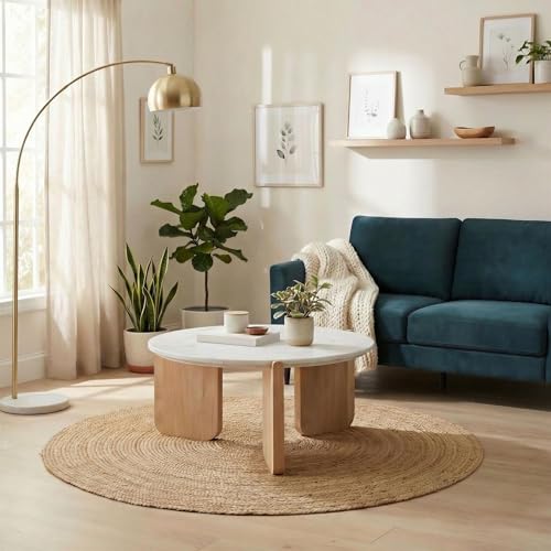 Image of Furniturebox UK Living Room Furniture, Solia Round White Marble & Wood Coffee Table – Solid Mango Base (White Oak Stain), 3 Angled Plinth Legs, Solid Stone Top Modern Accent Table For Stylish Homes