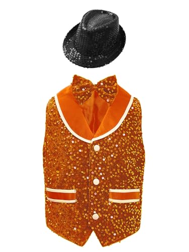 Unisex Kids Competition Sequined Velvet Waistcoat with Irregular Hem Buttons Bowti Hat Set Dance Party Wear