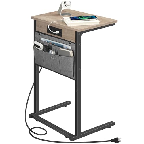 HOOBRO C Shaped End Table with Charging Station, 28" Tall