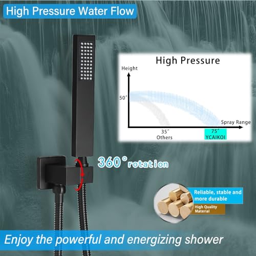 Image of Shower Faucet Set Complete, Wall Mount Shower System for Bathroom 12 Inch High-Pressure Rainfall Shower with Handheld, Rough-in Valve Body and Trim Kit, Matte Black