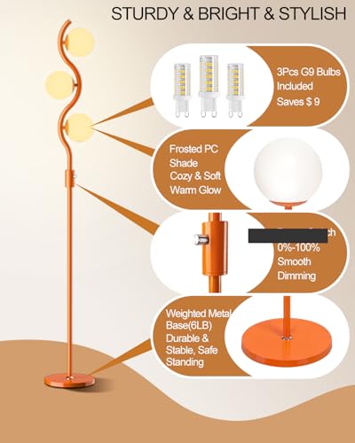 Image of Lightdot 3-Globe Dimmable Floor Lamp Orange Mid Century Modern Standing Lamp with 3PCS 3000K Bulbs Included Stepless Brightness Adjustable Stable Base for Living Room /Bedroom /Sofa Beside /Corner Decor