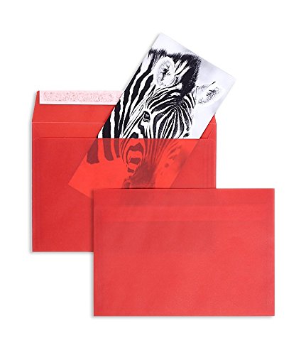 100 Stück, Farbige Transparente Briefumschläge, DIN C5, Haftklebung mit Abziehstreifen, Gerade Klappe, 92 g/qm Offset, Ohne Fenster, Rot (Transparent-Intensivrot), Blanke Briefhüllen
