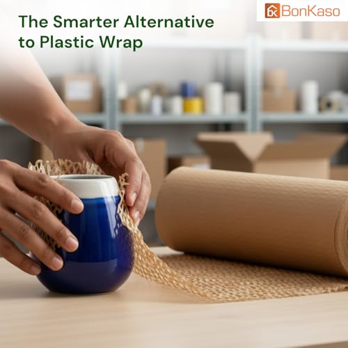 Image of BonKaso Honeycomb Paper Wrap Roll 50M x 12 Inch | 80 GSM Eco-Friendly Brown Packaging Roll | Cushioning & Shockproof Wrap for Fragile Items | Sustainable Packing Material for Shipping