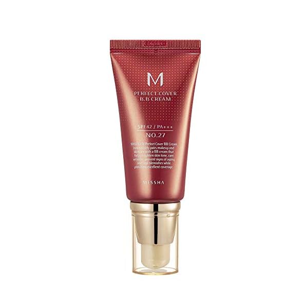 MISSHA-M-PERFECT-COVER-BB-CREAM-27-SPF-42-PA-50ml-Lightweight-Multi-Function-High-Coverage-Makeup-to-help-infuse-moisture-for-firmer-looking-skin-with-reduction-in-appearance-of-fine-lines MISSHA M Perfect Cover BB Cream No.27 Honey beige for medium/tan skin SPF 42 PA +++ 1.69 Fl Oz - Tinted Moisturizer for face with SPF
