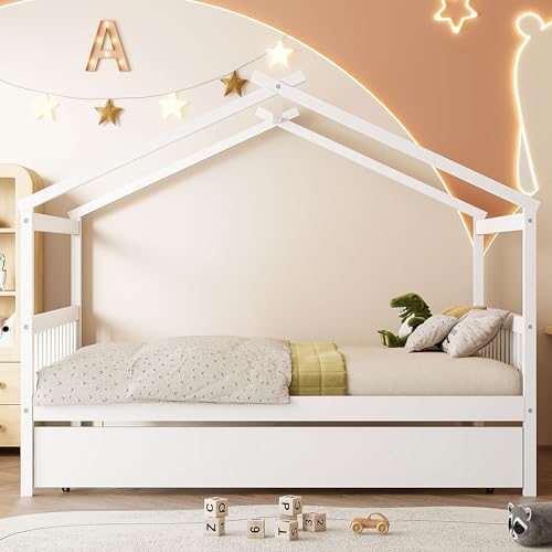 Image of Full Size Creativity House Bed with Roof Frame and Twin Size Trundle, Montessori Wooden Platform Bed with Sturdy Slats Support for Kids Teens Girls Boys, No Box Spring Needed (White-02, Full)