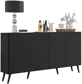 Aparador Buffet 4 Portas com Pés Retrô Veneza Multimóveis Preto.