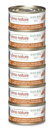 Almo Nature HFC Natural - Nassfutter für ausgewachsene Katzen - Huhn & Käse - Human Grade, Glutenfrei - 6 x 70g