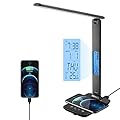 poukaran LED Desk Lamp with Wireless Charger, USB Charging Port, Table Lamp with Clock, Alarm, Date, Temperature, Desk Lamps for Home Office,Black