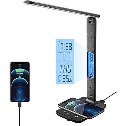 poukaran LED Desk Lamp with Wireless Charger, USB Charging Port, Table Lamp with Clock, Alarm, Date, Temperature, Desk Lamps for Home Office,Black Cover