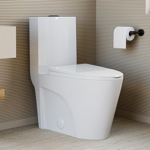 Image of St. Tropez One Piece Modern Elongated Toilet with Dual Vortex Flush, Black Hardware