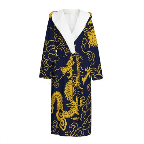 Gold Japanese Dragon Pattern Print Hooded Bathrobeyellow Duck Pattern Print Loungewear