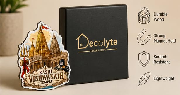 Image of Kashi Vishwanath Temple Theme Wooden Fridge Magnet Souvenir | 3x3 in Kitchen Home Decor Gift