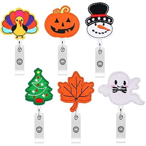 6 Pieces Holiday Badge Reel Halloween Ghost Pumpkin Badge Holder Thanksgiving Maple Turkey ID Swivel Badge Christmas Tree Snowman Name Badge Reel, Felt Embroidered Retractable Badge Holder with Clip Cover