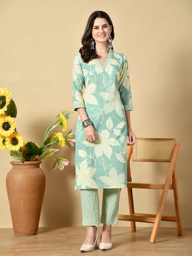 Image of Amazon Brand - Tavasya Women Cotton Anarkali Kurta Pant Dupatta Set | Printed Ethnic Suit Set | Flared Anarkali Kurta with Pant & Dupatta | Festive & Casual Wear