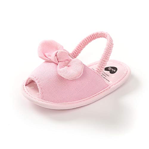 SOFMUO Infant Baby Girls Summer Sandals with Bownot Soft Sole Non-Slip Newborn Toddler First Walker Crib Dress Shoes(Pink,12-18 Months)
