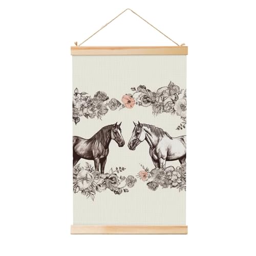 Art vintage fleurs et chevaux en toile suspendue 50x75 cm