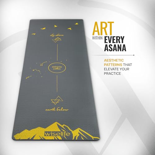 Image of Wiselife Tpe Printed 6MM Yoga Mat + Yoga Strap For Men, Women, Kids|Anti-Slip Extra Thick, Long & Wide Exercise Sports Mat For Workout, Fitness, Yoga, Gym, Home & Pilates (Elements-Nature), Grey