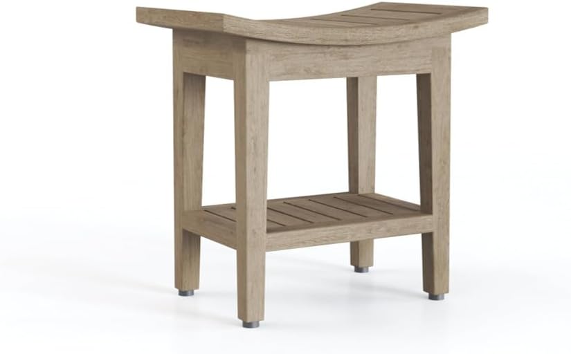 18" Maluku Mist-Shield Teak Shower Bench with Shelf | Durable, Water-Resistant Teak, Shower Chair & Shaving Foot Rest, Indoor/Outdoor Use