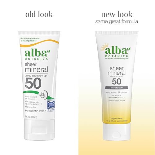 Alba Botanica Mineral Sunscreen Lotion SPF 50, Broad Spectrum, Fragrance Free, 3 Fl Oz (Packaging May Vary)