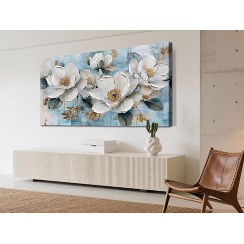 Ardemy White Floral Canvas Wall Art Large Magnolia Teal Pictures Wall Decor Living Room Flower Paintings Textured Turquoise Artwork for Walls Bedroom Dining Room Kitchen Home Office, 40"x20"