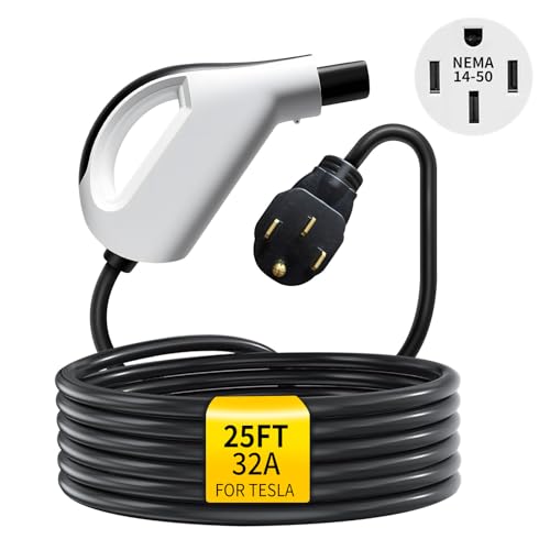 Image of Level 2 EV Charger for Tesla Vehicles, Portable NACS EVSE for Home Garage Charging, 240V NEMA 14-50, 32A 7.6kW with 25FT Cable, IP55