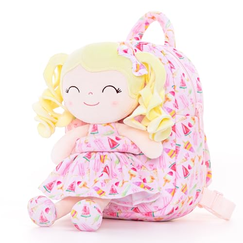 Image of Gloveleya Toddler Backpack Baby Girl Gifts Curly Hair Plush Figures Dress Backpack Kids Backpack Curly Spring Girl Fruit - Ice Cream 9inches