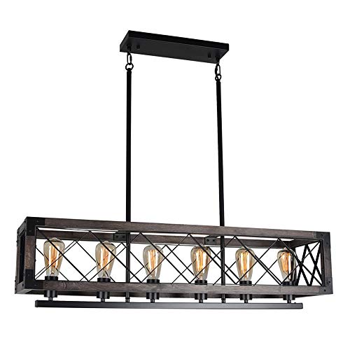Baiwaiz Farmhouse Rectangle Dining Room Billiard Chandelier Lighting, Black Metal and Wood Long Rustic Kitchen Island Light Fixture Industrial Linear Cage Pendant Light 6 Lights Edison E26 121E