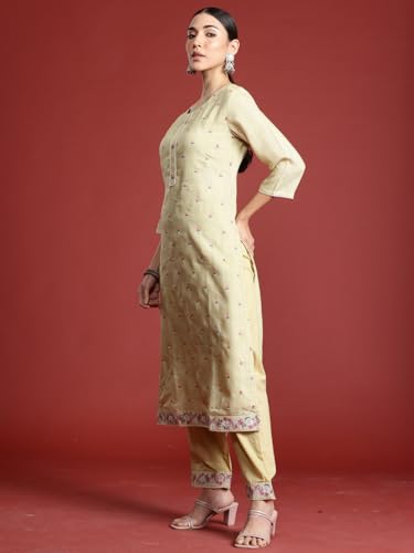 Image of INDO ERA Women's Linen Embroidered Straight Kurta and Pant with Dupatta Set (KH9PK9800)