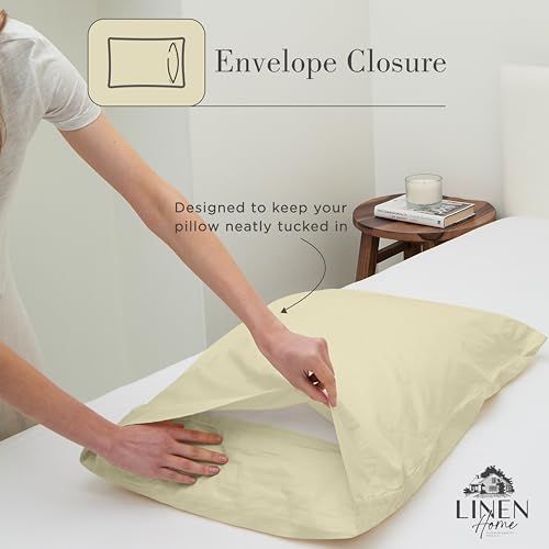 Image of Linen Home Washed Cotton Percale Twin Sheet Set, Ivory, Preshrunk, 3 Pieces Sets - 1 Flat, 1 Deep Pocket Fitted Sheet & 1 Envelope Closure Pillowcase, Soft, Cool and Comfortable Bed Linen