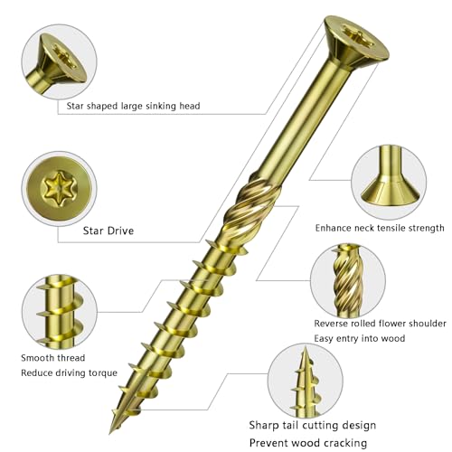 Image of Wensilon 5 /16 * 4 inch Yellow Zinc Deck Screws, (39pcs) 2 lbs.Exterior Wood Screws, Bronze, Star Bit
