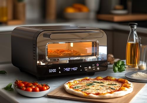 Elektrischer Pizzaofen, 1850W 450°C Pizzabackofen mit 60-Min-Timer & 6 Voreinstellungen für Pizza bis 12', Inkl. Pizzastein und - schaufe