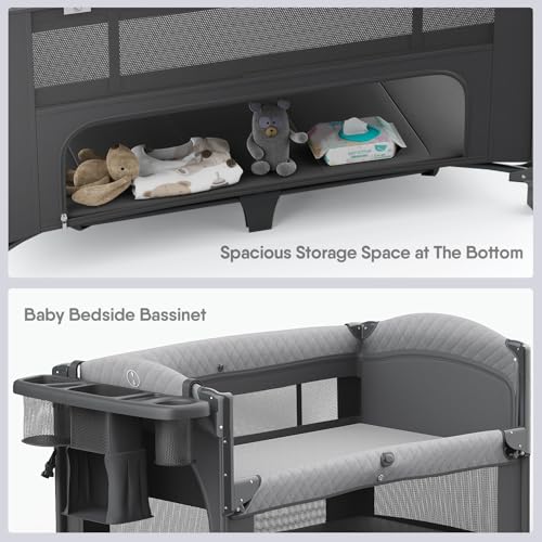 Image of Obee Odee 4 in 1 Baby Bassinet, Pack and Play, Bedside Crib Sleeper, Diaper Changer - Comes with Mattress, Mosquito Net, Bottom Storage and Toy Bar for Newborn to Toddles