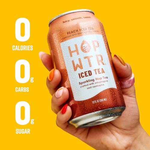 Image of HOPWTR Peach Iced Tea, Non Alcoholic Sparkling Tea with Adaptogens, Nootropics & Vitamin C, Zero Sugar Zero Calorie Functional Beverage, Gluten Free Hop Water Drink (12 Pack, 12oz Cans)