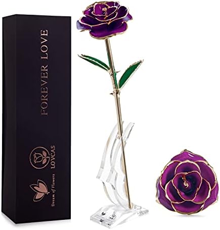 valentines gifts for her,Long Stem 24k Gold Dipped Rose Lasted Real Roses with Stand, Romantic Gift for valentines gifts/Mothers Day/Birthday (purple)