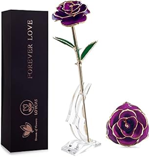 valentines gifts for her,Long Stem 24k Gold Dipped Rose Lasted Real Roses with Stand, Romantic Gift for valentines gifts/Mothers Day/Birthday (purple)