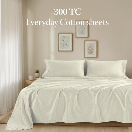 Image of Threadmill 300 Thread Count Cotton Twin XL Sheet Set, Sateen, Damask, Ivory