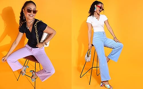 Image of POPWINGS Casual Solid V-Neck Short Sleeves Summer Wear Tops Combo for Women
