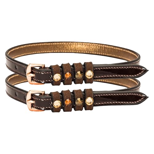 Courroies d'éperon avec cristaux colorés et cuir vernis marron brillant
