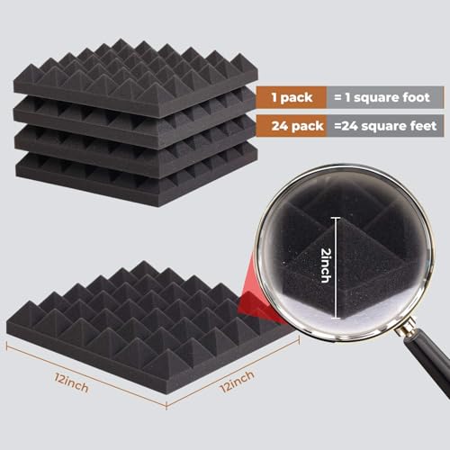 Image of 24 Pack 2 inch Thick Pyramid Acoustic Foam, Sound Proof Foam Panels for Walls
