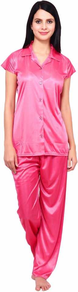 Women's Plain Satin Night Suit (Shirt and Pyjama) (Color Options) (Free Size) (Free Size, Pink)-image-45