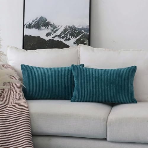 Image of RD TREND Corduroy Cushion Cover Set of 2, Striped Double Sided Decorative Throw Pillowcases for Sofa, Bed & Living Room Rectangular Long Cushion Covers 18x28 inches | Crash Blue