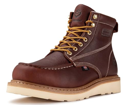 SUREWAY 6in Waterproof Wedge Moc Toe Work Boots for Men - Soft Toe,Premium Full-Grain Leather,Comfort Insole,Oil/Slip Resistant,Real Goodyear,EH Rated Industrial Construction Boots/Shoes DK BN