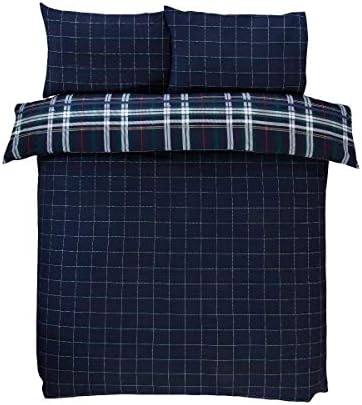 Sleepdown Tartan Check Crisscross Flannelette Brushed 100% Cotton Bedding Duvet Cover & Pillowcases Set-Navy-Super King