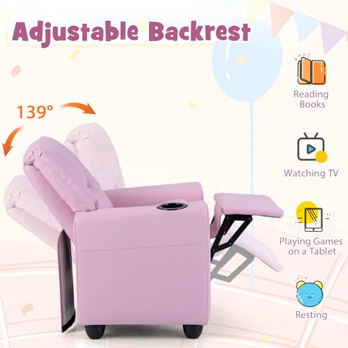 Image of GLACER Kids Recliner with Cup Holder, PU Leather Toddler Lounge Chair(Pink) | Baby Recliner w /Adjustable Backrest & Footrest, Spring Seat Cushion, Push Back Toddler Sofa for Ages 3+, Supports 150 lbs
