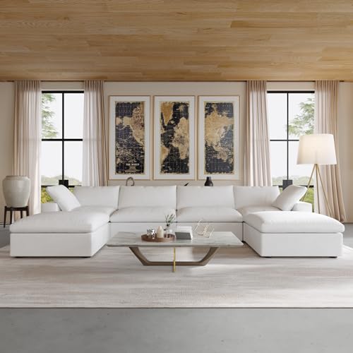 Image of JACH U-Shaped Cloud Couches for Living Room, 6-Seats Modular Convertible Sectional Sofas, Cushion Covers Removable, Comfy Sectional Couch with Chaise Ottomans for Living Room Apartment (White)