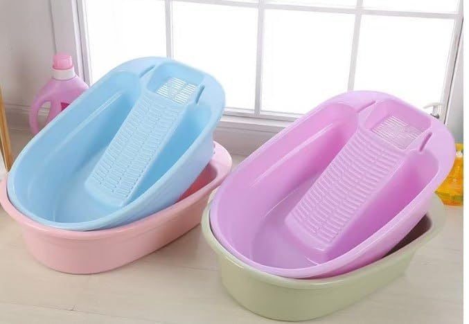 Image of VAJIN Plastic Washtub with Built-In Washboard - Portable Laundry Tub for Hand Washing Clothes, Vintage-Style Basin for T‑Shirts & Pants, Home & Garden Utility, Compact & Durable Design