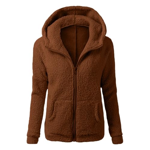 Fleecejacke Damen Teddyjacke Frauen Winterjacke Flauschige Jacke Flausch Flauschjacke Teddy Mit Kapuze Plüschmantel Coffee, XXL