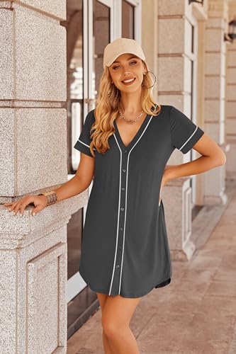 Image of Ekouaer Womens Nightgown Button Down Sleep Shirts Short Sleeve Nightshirt V-Neck Sleepdress Soft Sleepwer